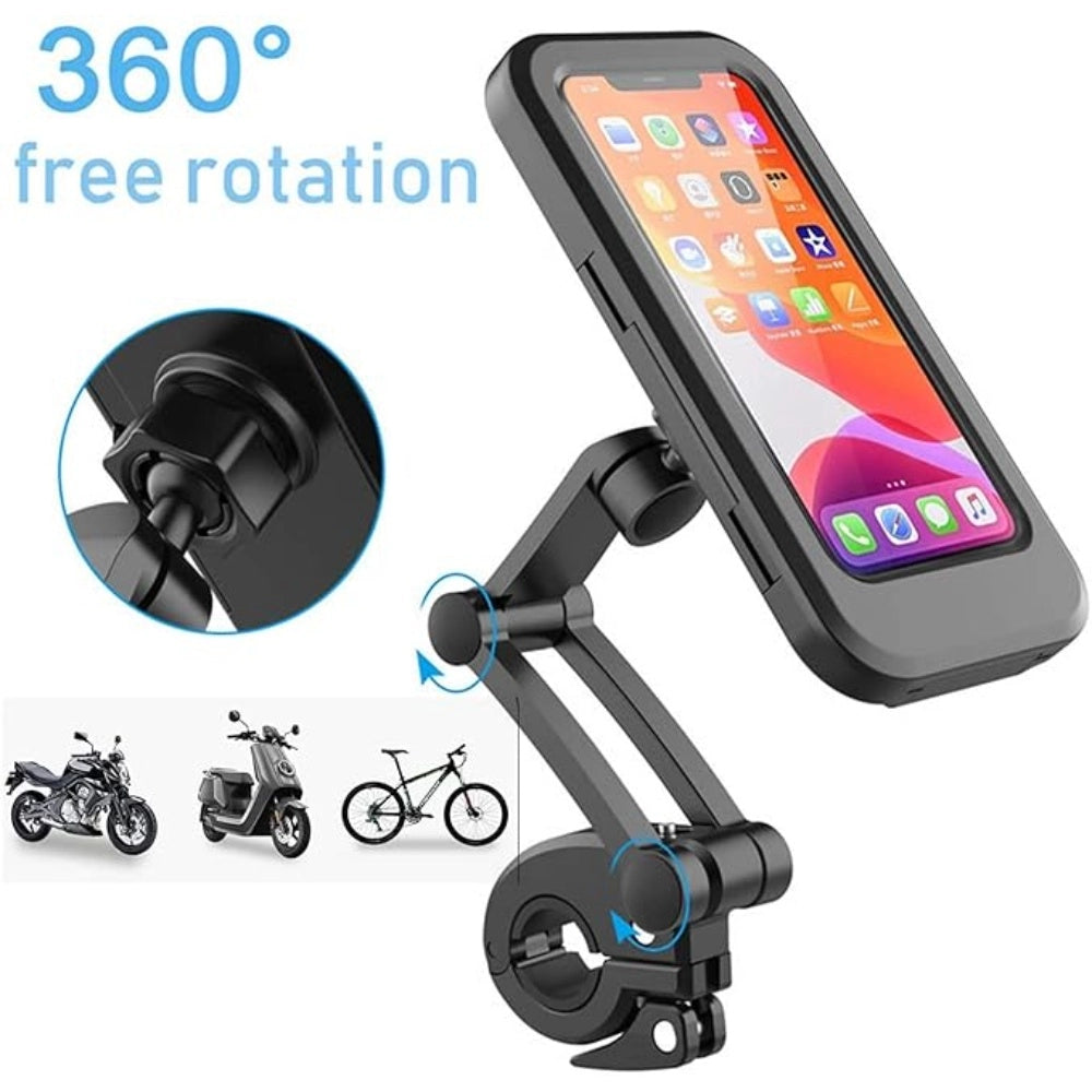Black TPU waterproof phone mount with 360° rotation, universal for 4.7-7.2" phones up to 15mm thick, suitable for cycling use