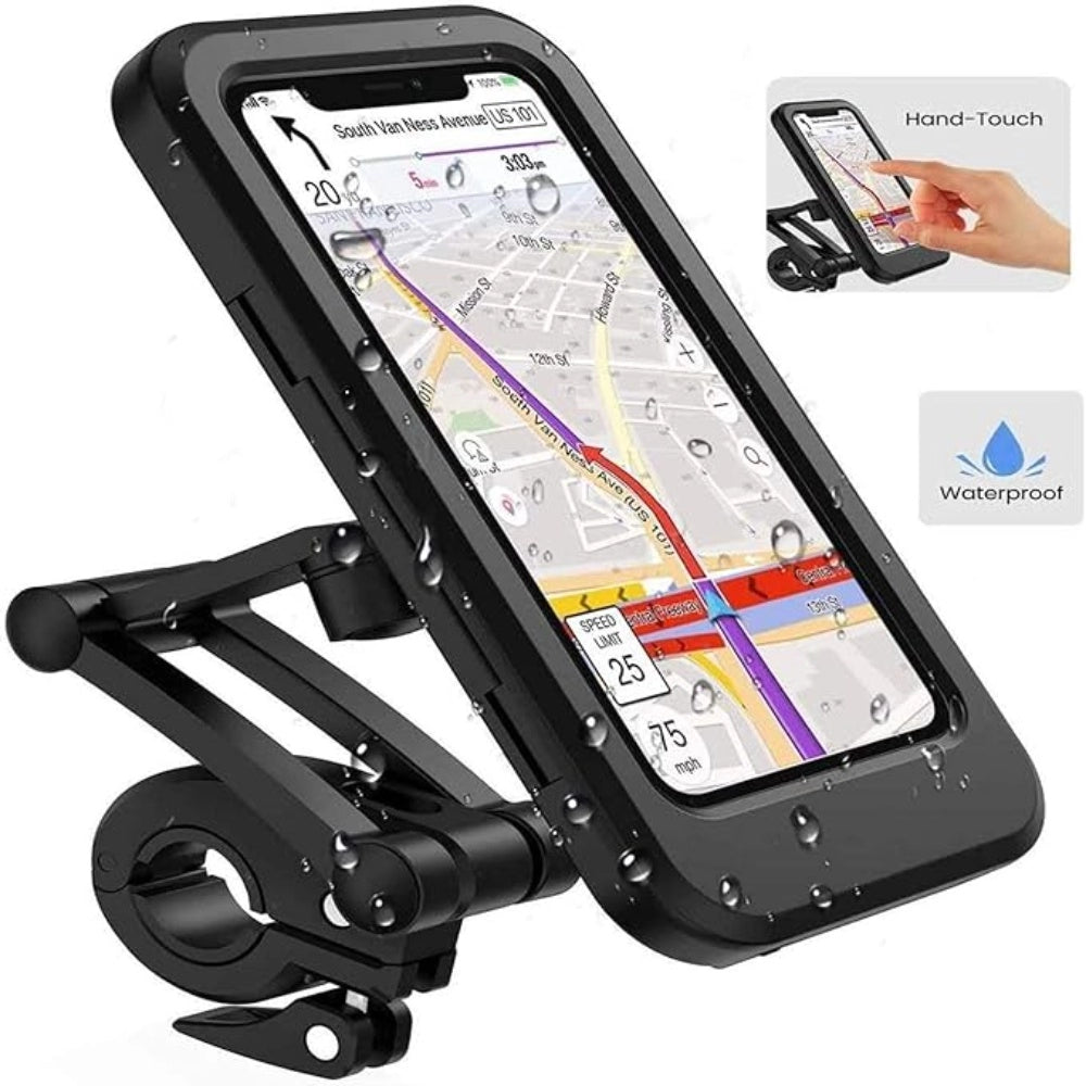 Black TPU universal waterproof phone mount, 360° rotation for bike use, suitable for phones up to 15mm thick with touch screen visibility during riding