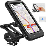 Black TPU universal waterproof phone mount, 360° rotation for bike use, suitable for phones up to 15mm thick with touch screen visibility during riding