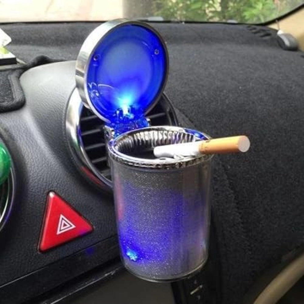 Multicolor ABS plastic designer car ashtray with blue LED light and rainbow colors, fits all cup holders for safer smoking at night