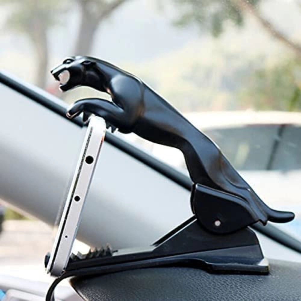 Black plastic Jaguar mobile holder, keeps hands on steering wheel for safer driving with non-slip silicone pad