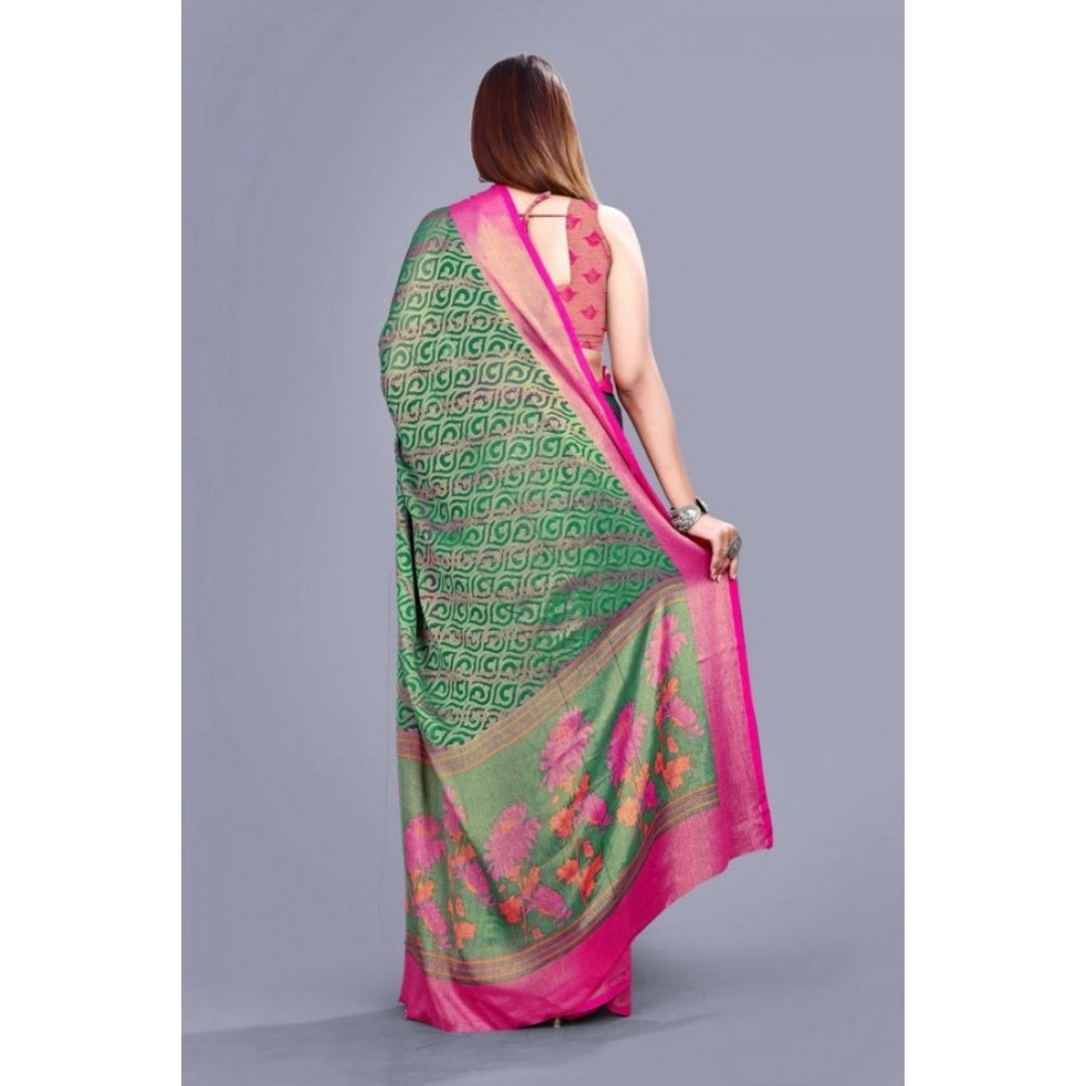 Rama color viscose rayon printed saree with unstitched blouse, elegant Indian women's fashion on mannequin