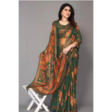 Green viscose rayon printed saree with unstitched blouse, vibrant Indian traditional wear for women on display
