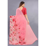 Red georgette printed saree with unstitched blouse, vibrant Indian women's attire