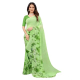 Green georgette printed saree with unstitched blouse on mannequin