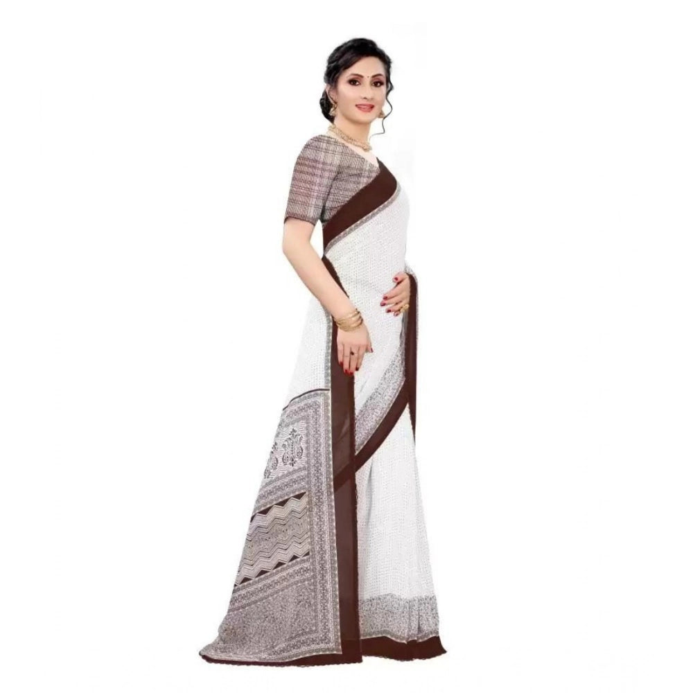 Coffee georgette printed saree with unstitched blouse, women's traditional Indian wear on mannequin