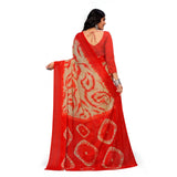 Red georgette printed saree with unstitched blouse, women's traditional Indian attire on hanger