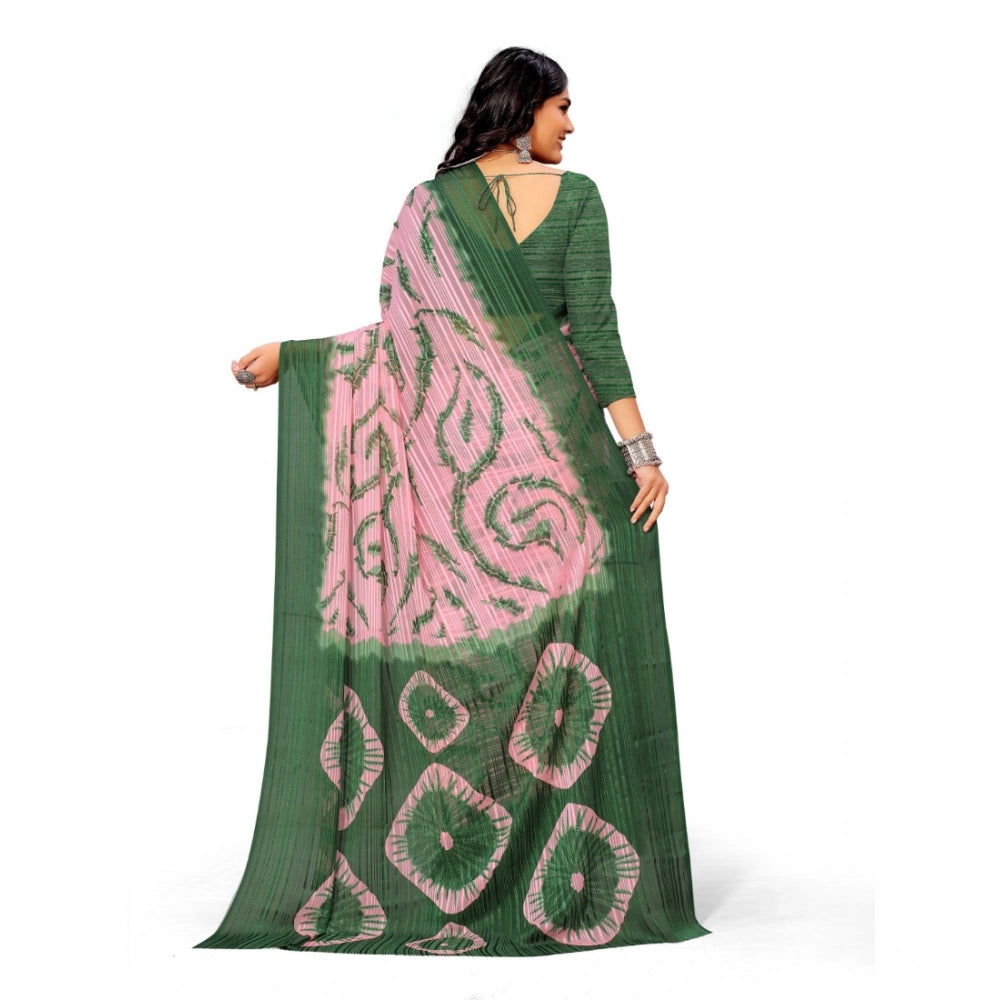 Green georgette printed saree with unstitched blouse, vibrant floral pattern on traditional wear