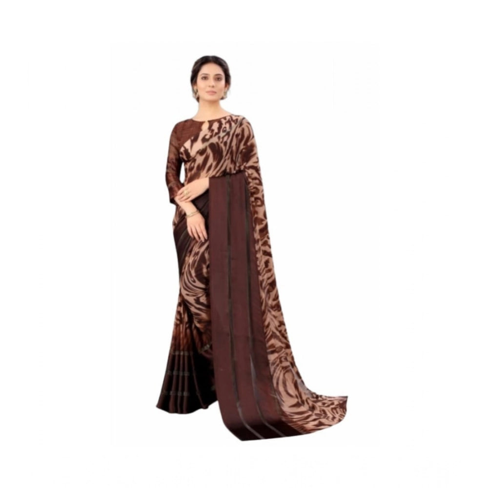 Brown satin patta printed saree with unstitched blouse, traditional Indian attire for women
