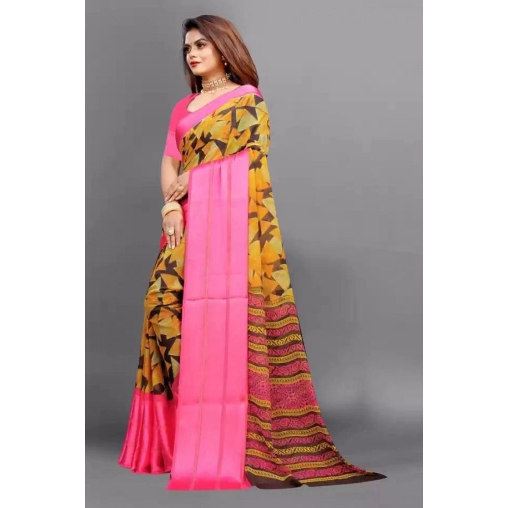 Pink satin patta printed saree with unstitched blouse for women, vibrant pattern detail on display