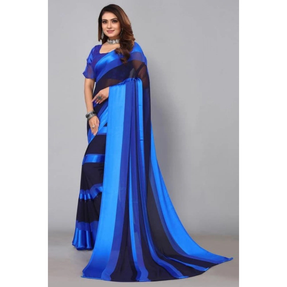 Skyblue satin patta printed saree with unstitched blouse, elegant Indian women's fashion accessory on display