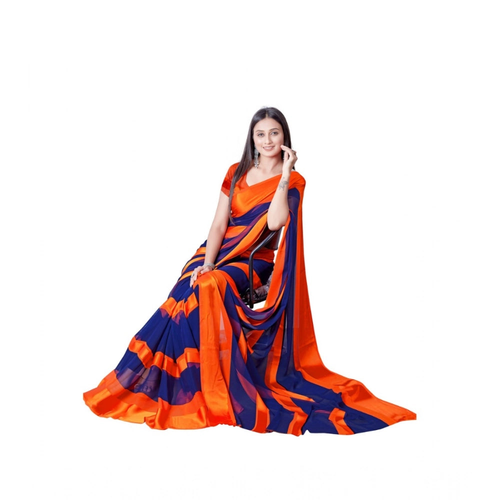 Orange satin patta printed saree with unstitched blouse for women, intricate design detail on display stand
