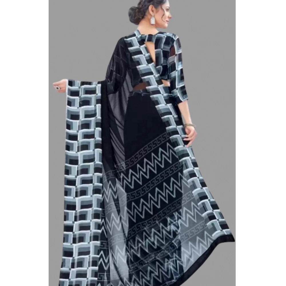 Black satin patta printed saree with unstitched blouse, perfect for traditional Indian wear