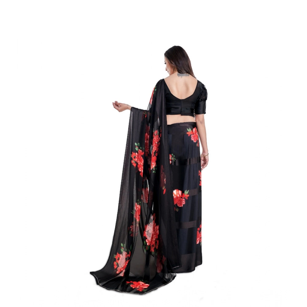 Red satin patta printed saree with unstitched blouse, vibrant Indian women's fashion accessory on display