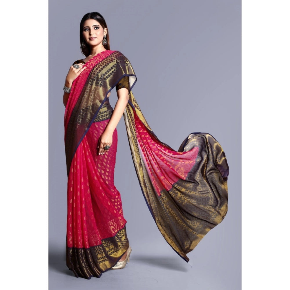 Pink viscose rayon printed saree with unstitched blouse, vibrant floral design
