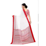 Red georgette printed saree with unstitched blouse, women's ethnic wear on mannequin