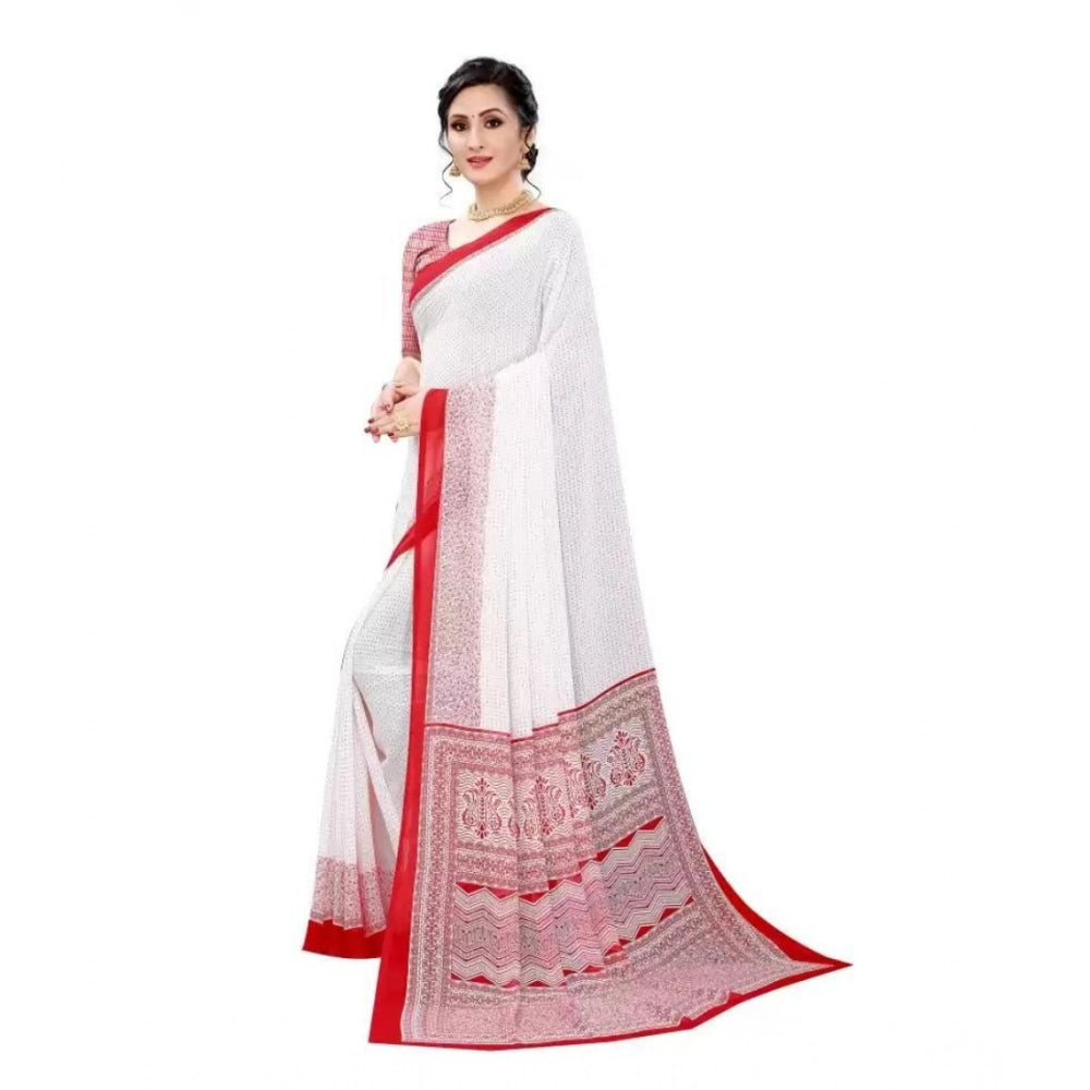 Red georgette printed saree with unstitched blouse, women's traditional Indian wear