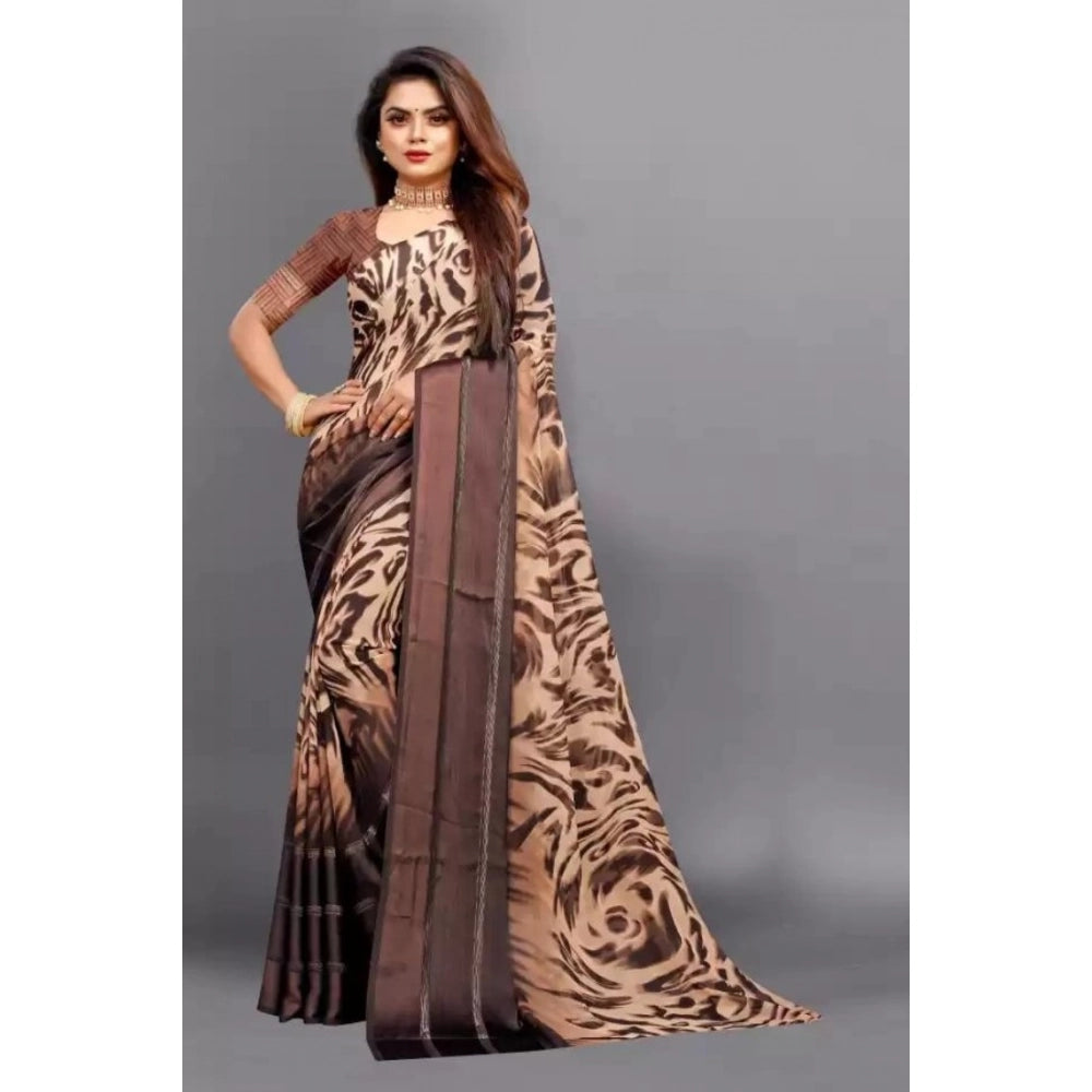 Brown satin patta printed saree with unstitched blouse for women