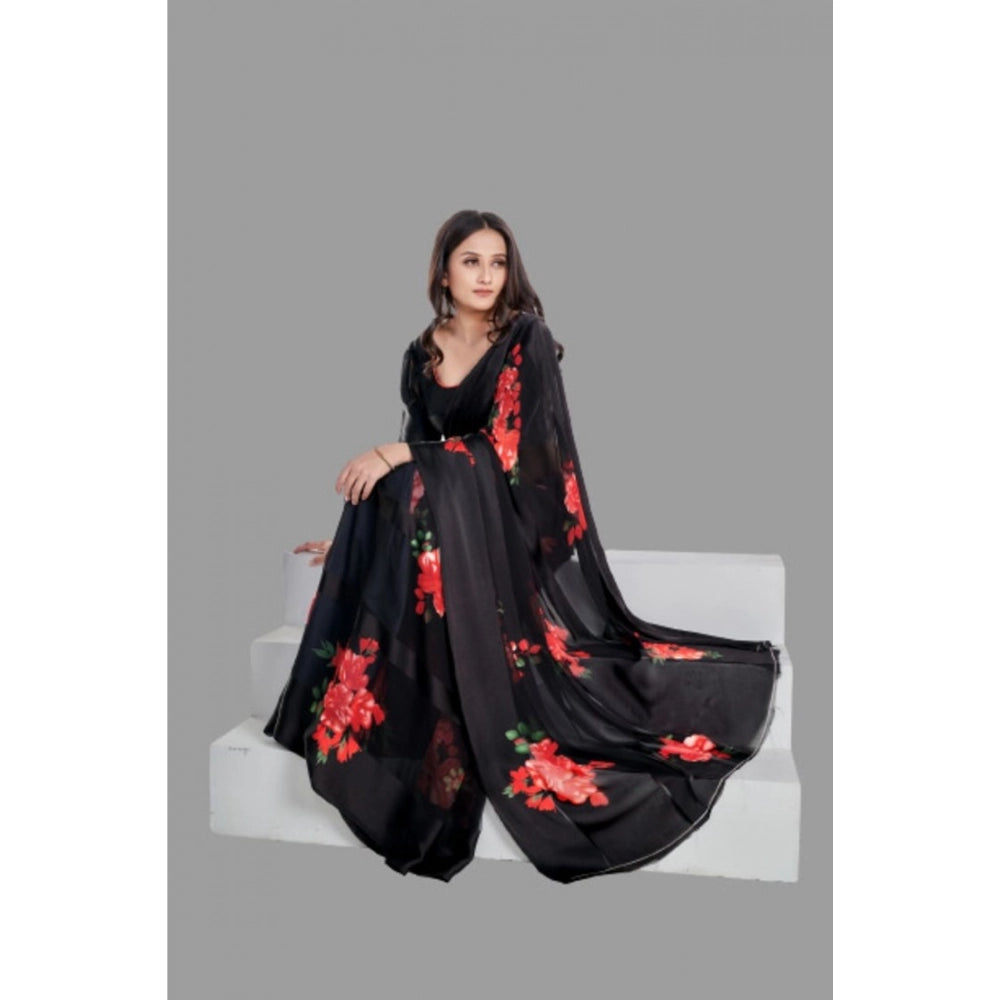 Red satin patta printed saree with unstitched blouse, vibrant Indian women's fashion accessory