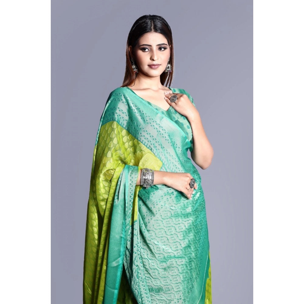Green viscose rayon printed saree with unstitched blouse, vibrant and colorful ethnic wear for women