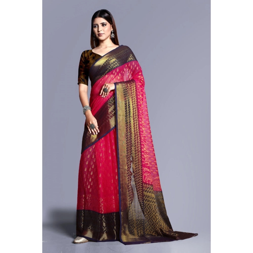 Pink viscose rayon printed saree with unstitched blouse, women's ethnic wear accessory on mannequin