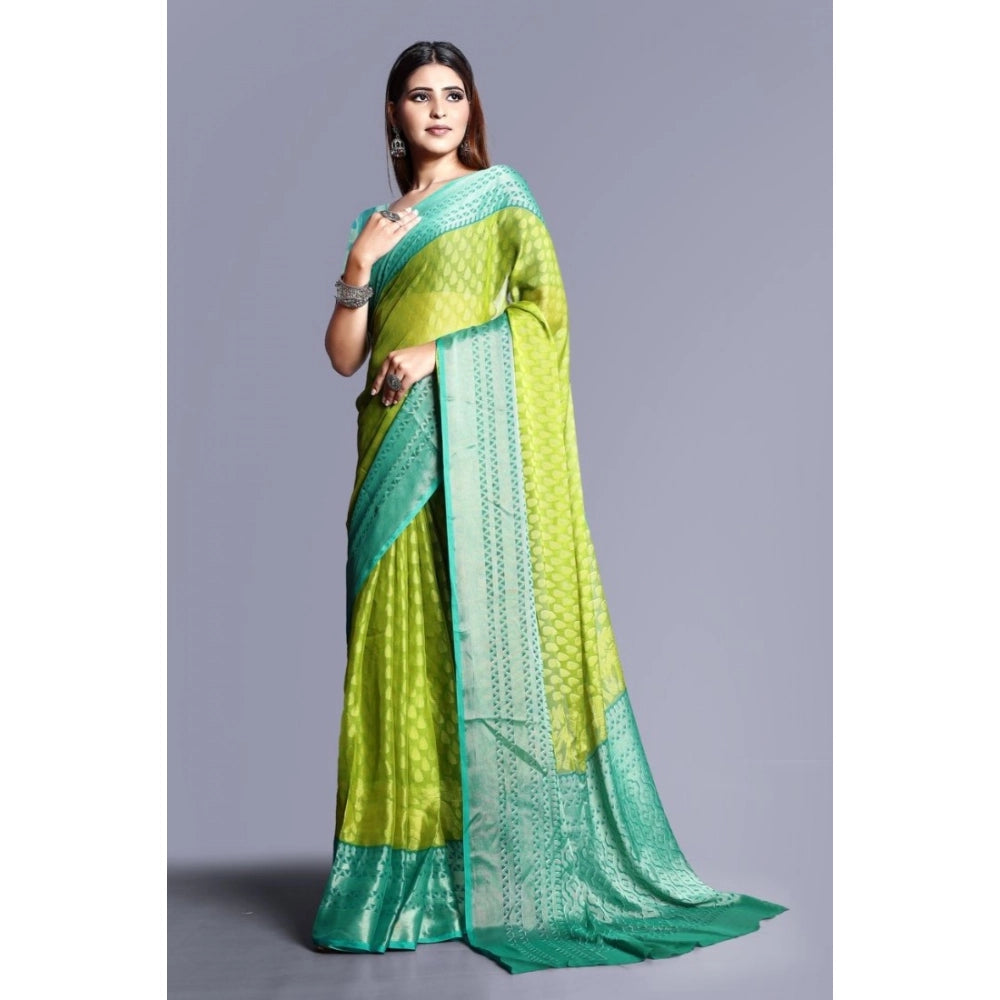 Green viscose rayon printed saree with unstitched blouse, vibrant color and intricate design for women