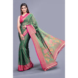 Rama colored viscose rayon printed saree with unstitched blouse, traditional Indian women's clothing on hanger