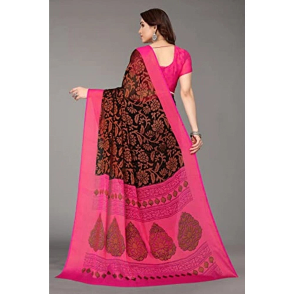 Black viscose rayon printed saree with unstitched blouse, vibrant pattern for women's festive wear