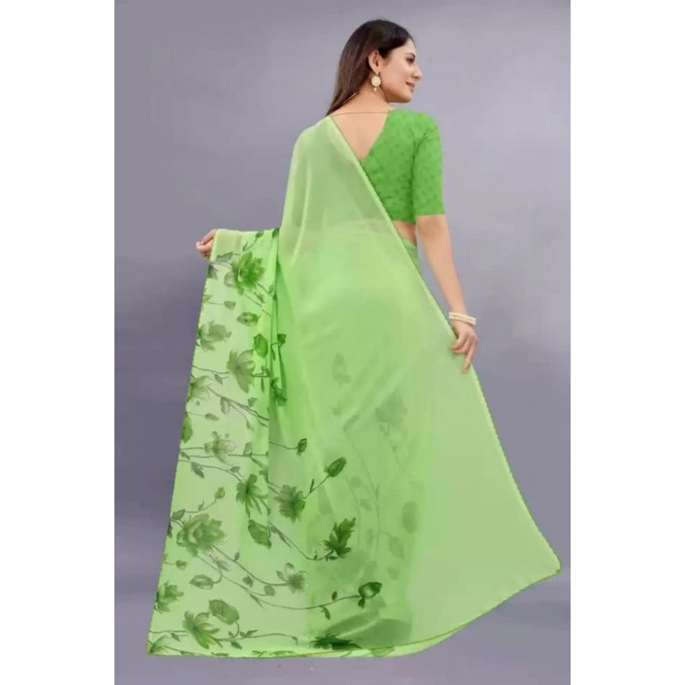 Green georgette printed saree with unstitched blouse for women
