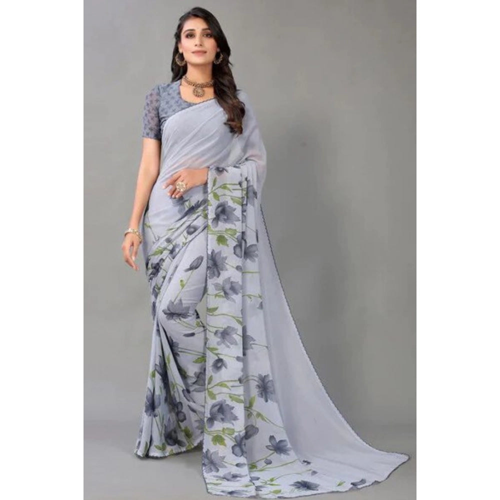 Grey georgette printed saree with unstitched blouse, elegant women's traditional Indian wear