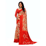 Red georgette printed saree with unstitched blouse, vibrant patterns for women