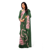 Green Georgette printed saree with unstitched blouse, women's traditional Indian wear on mannequin