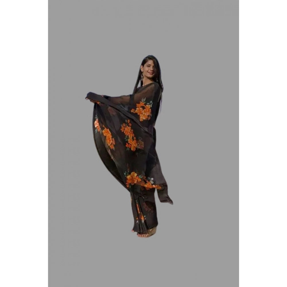 Orange satin patta printed saree with unstitched blouse, vibrant traditional Indian wear for women
