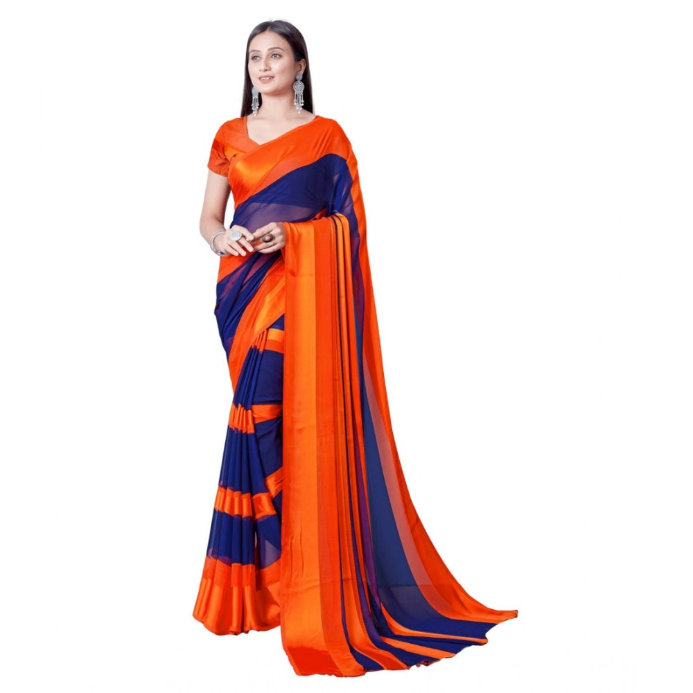 Orange satin patta printed saree with unstitched blouse, vibrant traditional Indian attire for women