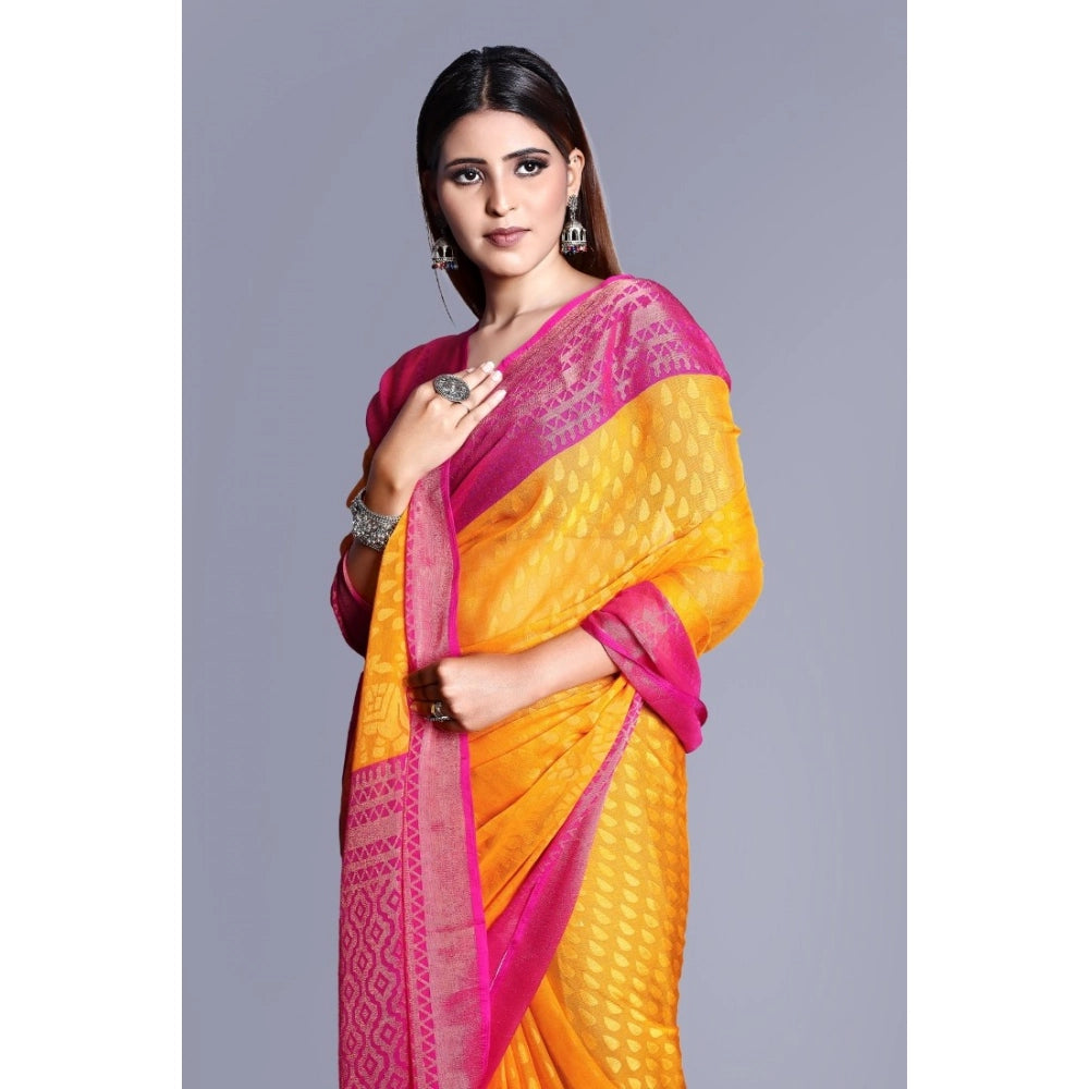 Yellow viscose rayon printed saree with unstitched blouse, vibrant design for women's fashion