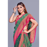 Women's Rama-colored viscose rayon printed saree with unstitched blouse, vibrant pattern on display
