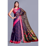 Navy Blue Viscose Rayon printed saree with unstitched blouse, vibrant ethnic wear for women on display