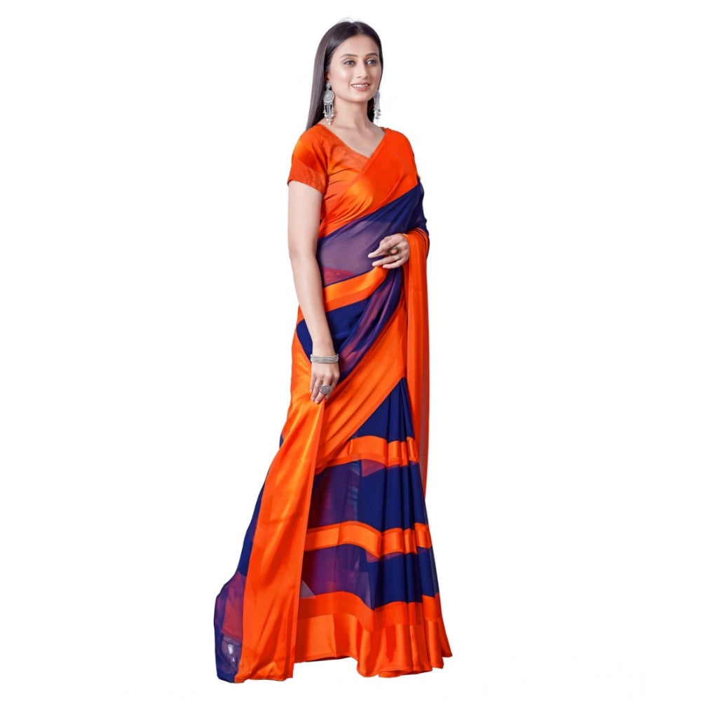 Orange satin patta printed saree with unstitched blouse, traditional Indian women's attire