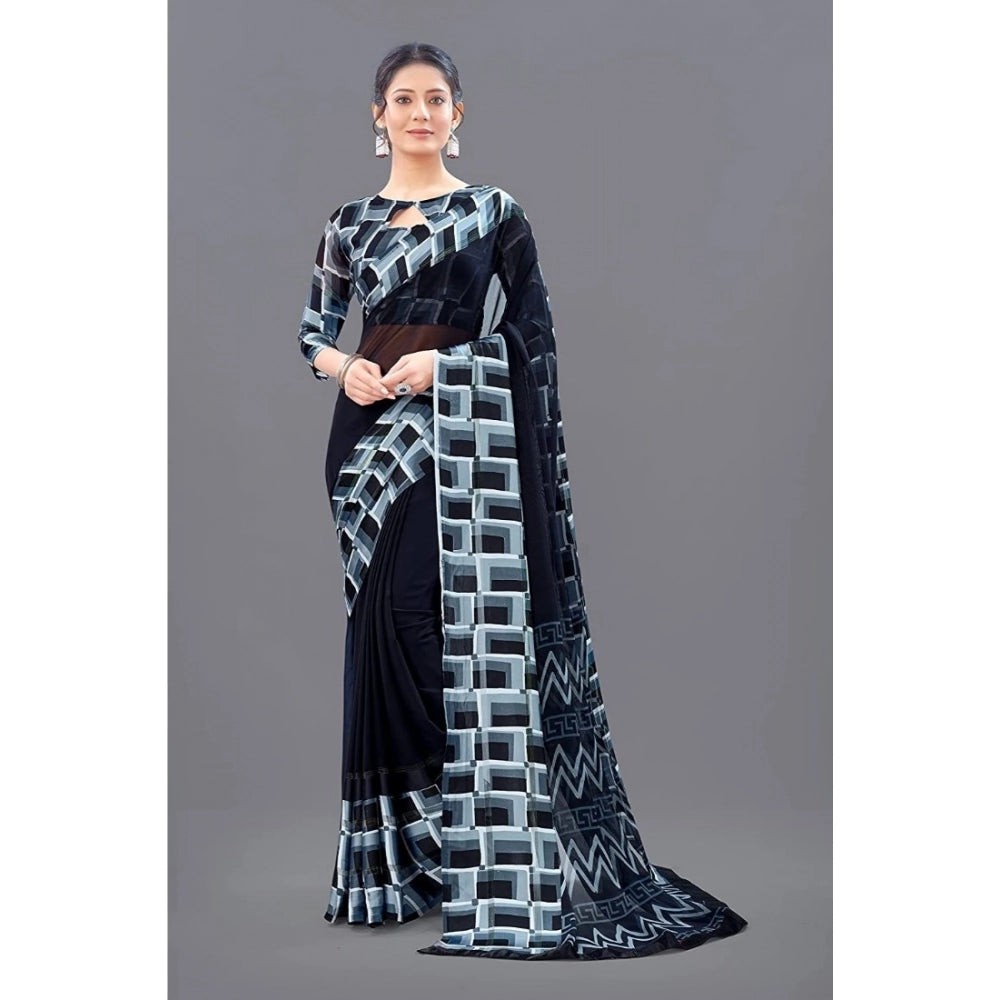 Black satin patta printed saree with unstitched blouse for women, vibrant pattern design on traditional Indian attire