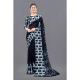 Black satin patta printed saree with unstitched blouse for women, vibrant pattern design on traditional Indian attire