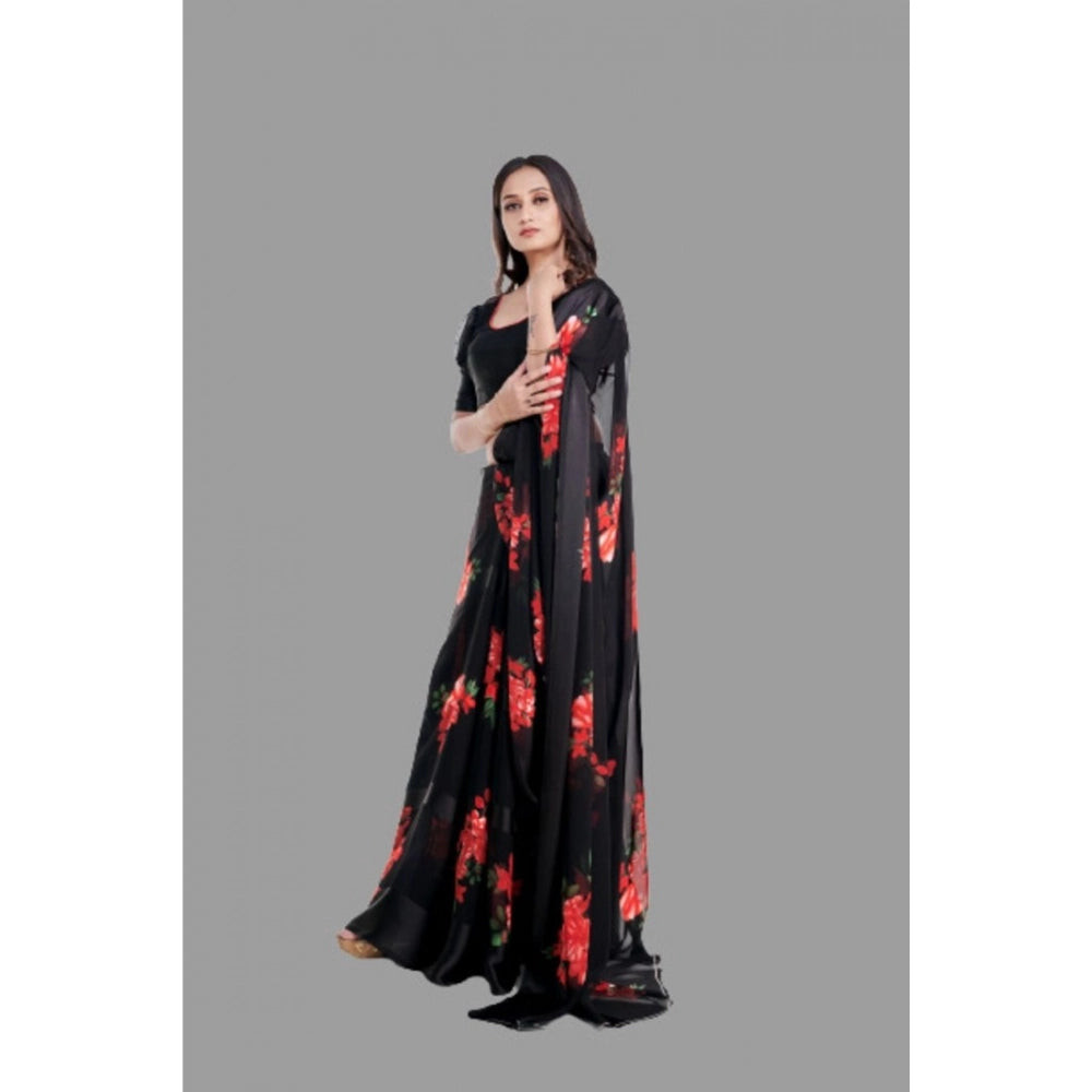 Red satin patta printed saree with unstitched blouse, intricate floral design for traditional Indian wear