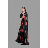 Red satin patta printed saree with unstitched blouse, intricate floral design for traditional Indian wear