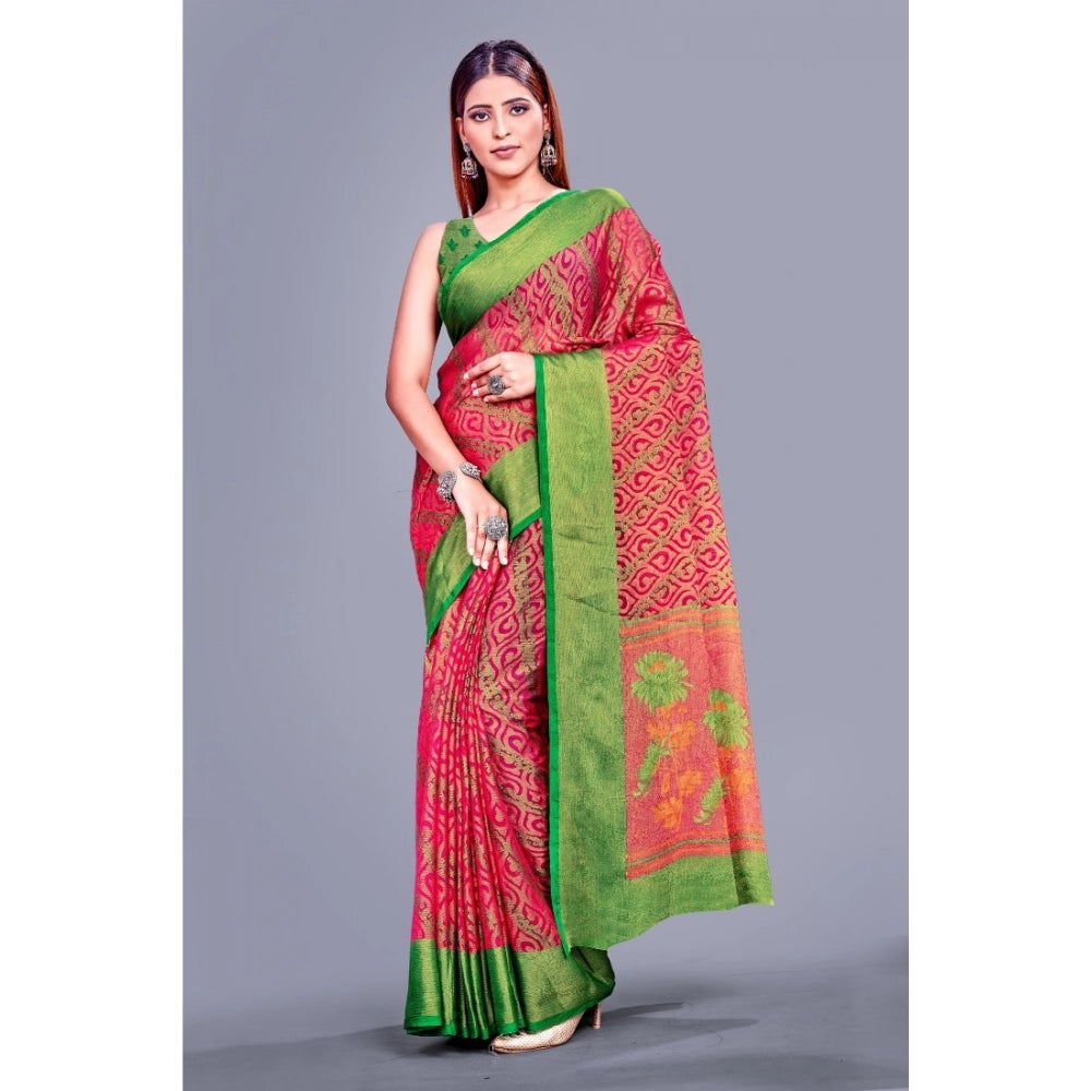 Pink viscose rayon printed saree with unstitched blouse, women's traditional Indian wear for festive occasions