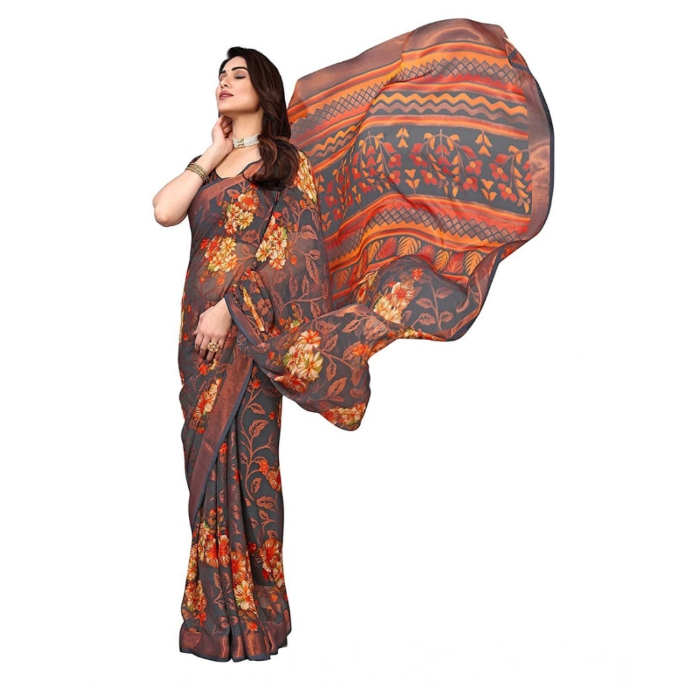 Grey viscose rayon printed saree with unstitched blouse for women, intricate patterns and vibrant colors on display