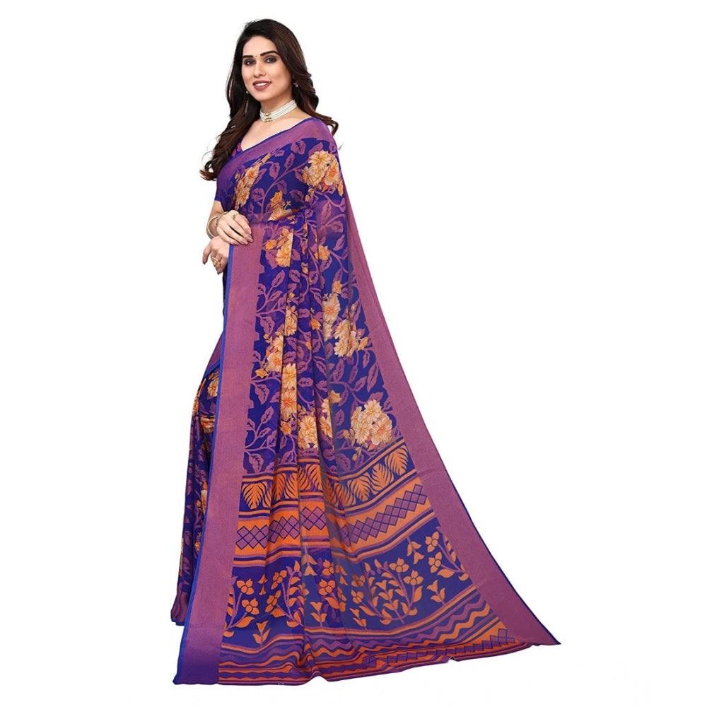 Blue viscose rayon printed saree with unstitched blouse for women, colorful Indian traditional attire on mannequin