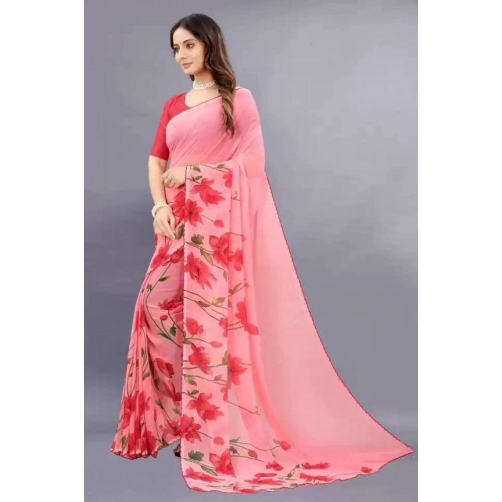 Red georgette printed saree with unstitched blouse, women's traditional Indian wear for festive occasions