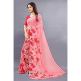 Red georgette printed saree with unstitched blouse, women's traditional Indian wear for festive occasions