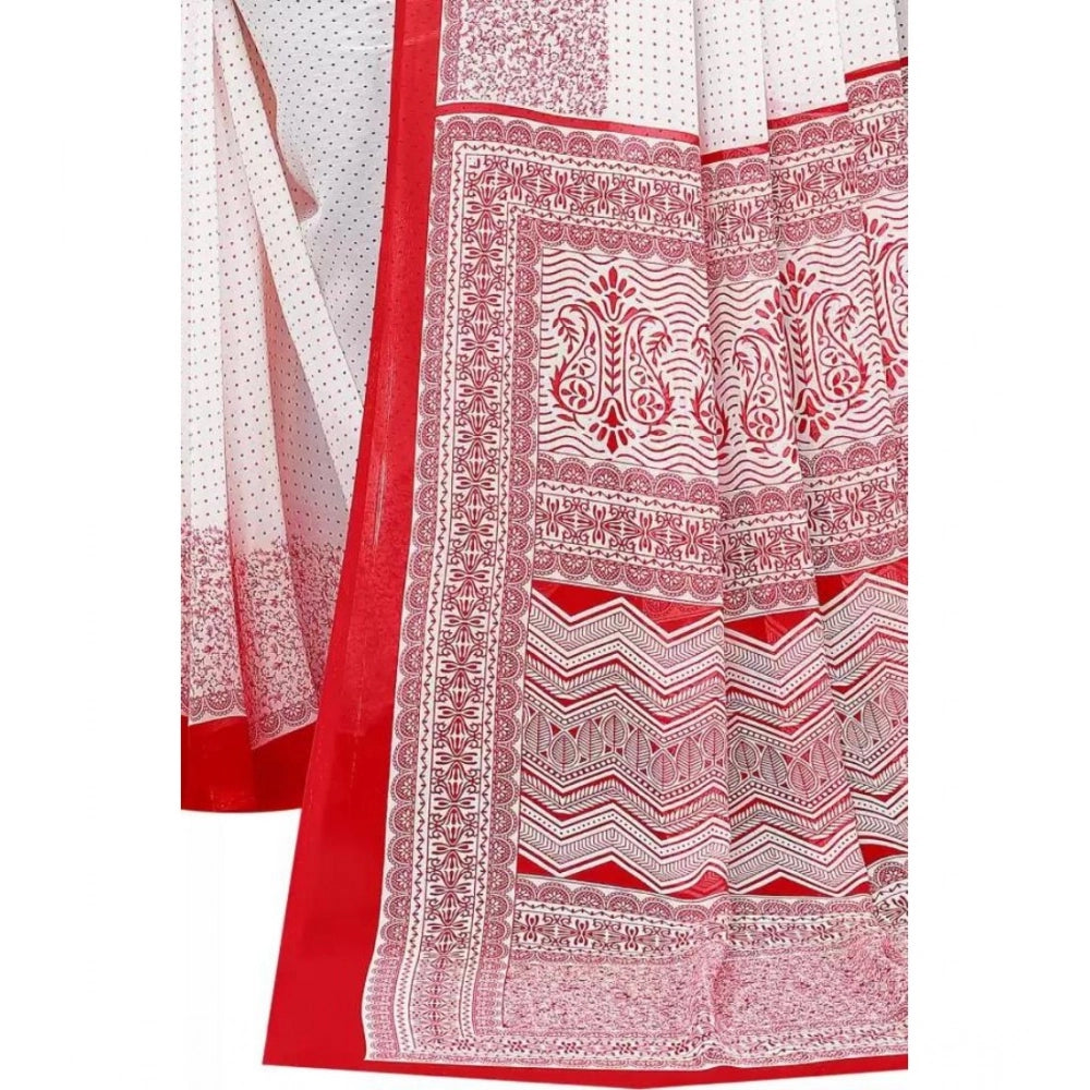 Red georgette printed saree with unstitched blouse for women, vibrant Indian traditional wear on mannequin