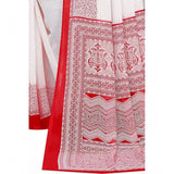 Red georgette printed saree with unstitched blouse, vibrant Indian women's fashion accessory