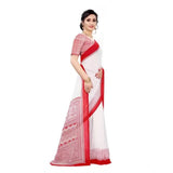 Red georgette printed saree with unstitched blouse, women's traditional Indian wear on mannequin